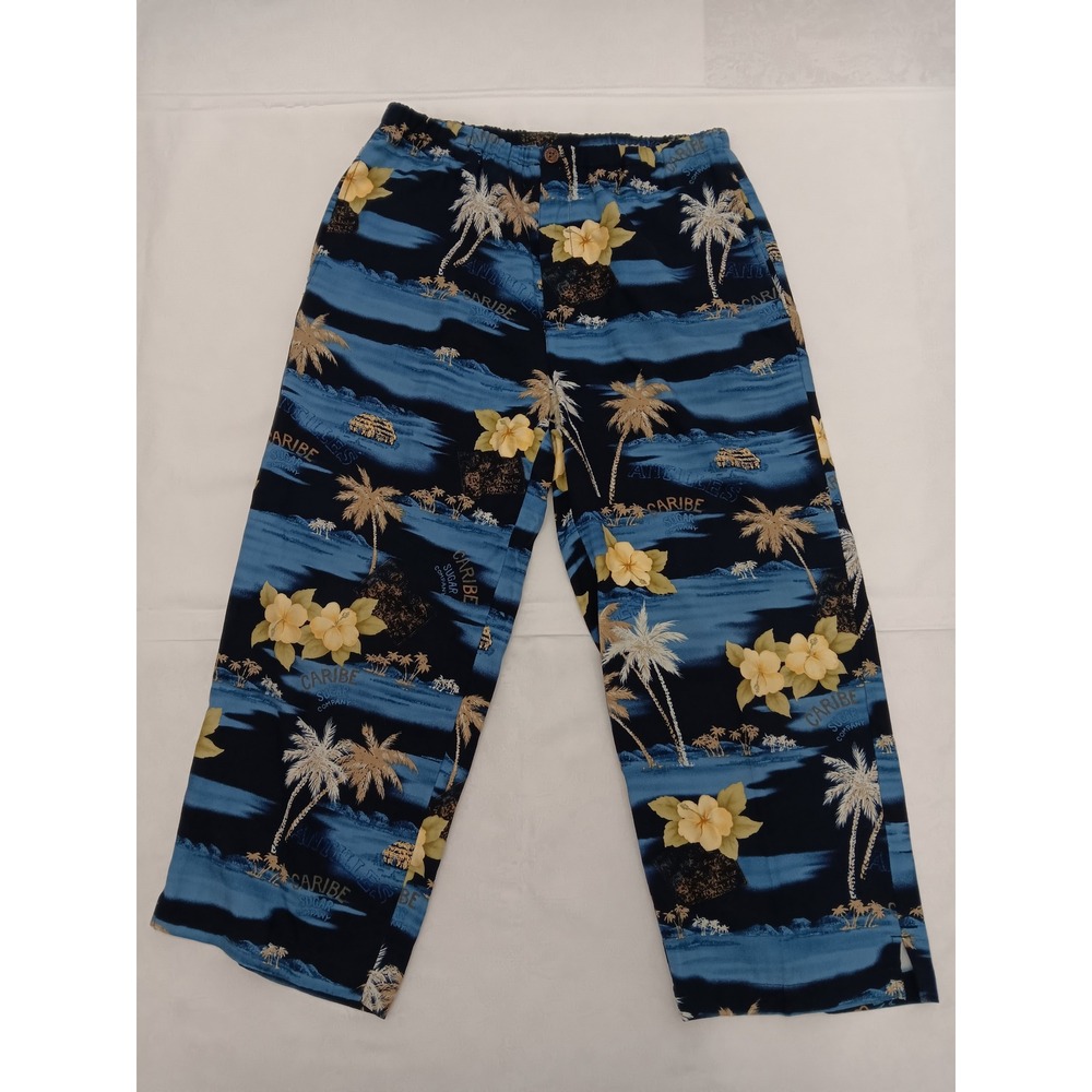 Caribe Sugar Company Women's Tropical Palm Tree Rayon Wide Leg Crop Pants Blue M